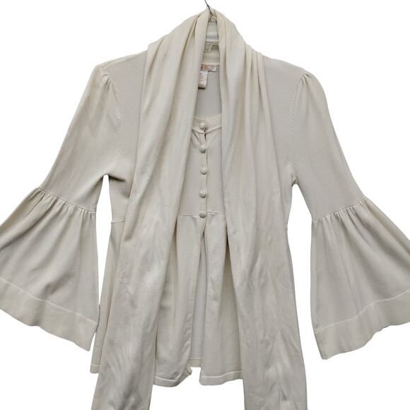 Zoe D. Fine Knit Blouse Size XS Beige Flared Sleeves Attached Scarf 5 Buttons - Picture 4 of 8